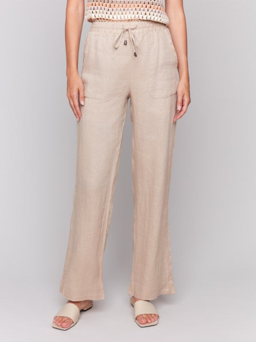 Charlie B Pull-On Linen Blend Wide Leg Pants - Biscuit