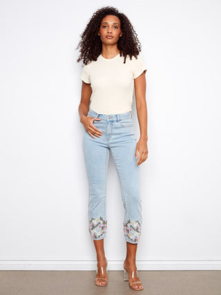 Charlie B Cropped Slim Jeans with Embroidery - Light Blue