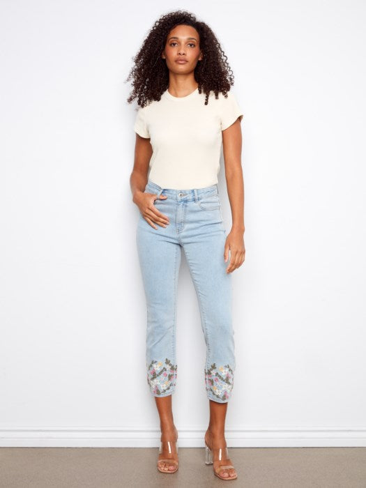 Charlie B Cropped Slim Jeans with Embroidery - Light Blue
