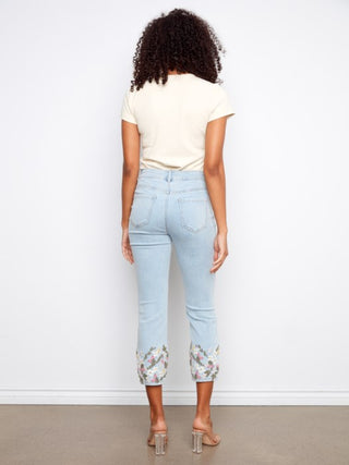 Charlie B Cropped Slim Jeans with Embroidery - Light Blue