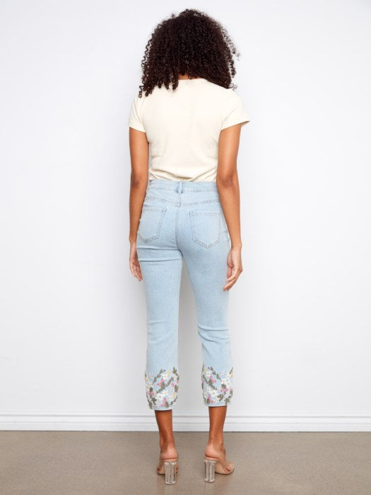 Charlie B Cropped Slim Jeans with Embroidery - Light Blue