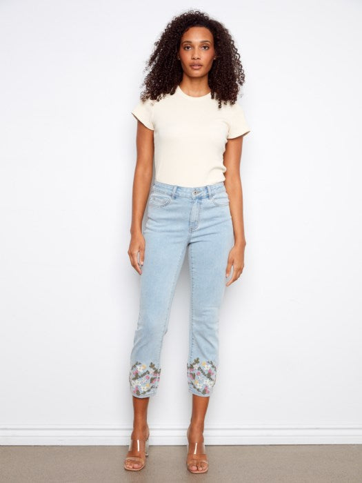 Charlie B Cropped Slim Jeans with Embroidery - Light Blue
