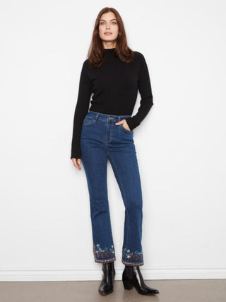 Charlie B  Flare Leg Denim Pants With Slits And Embroidery At Hem