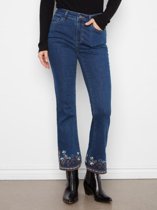 Charlie B  Flare Leg Denim Pants With Slits And Embroidery At Hem