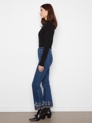 Charlie B  Flare Leg Denim Pants With Slits And Embroidery At Hem