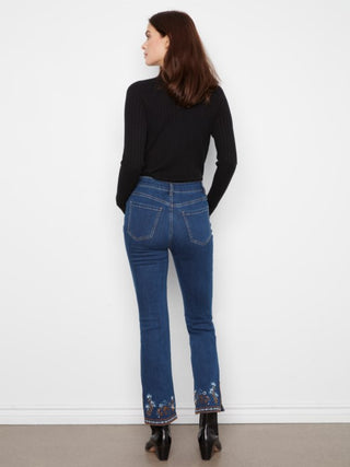 Charlie B  Flare Leg Denim Pants With Slits And Embroidery At Hem