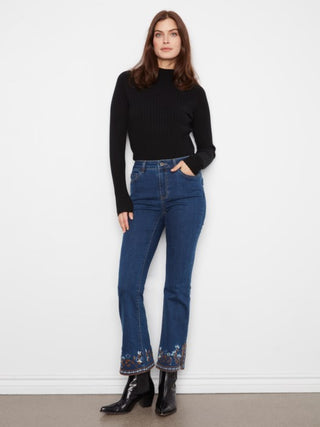 Charlie B  Flare Leg Denim Pants With Slits And Embroidery At Hem