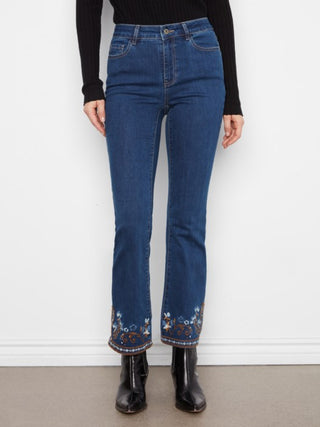 Charlie B  Flare Leg Denim Pants With Slits And Embroidery At Hem