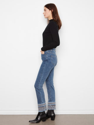 Charlie B Slim Leg Embroidered Hem Jeans