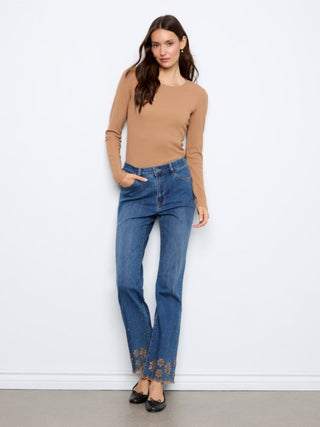 Charlie B Embroidered Flare Leg Jeans with Studded Scallop Hem Vintage Indigo