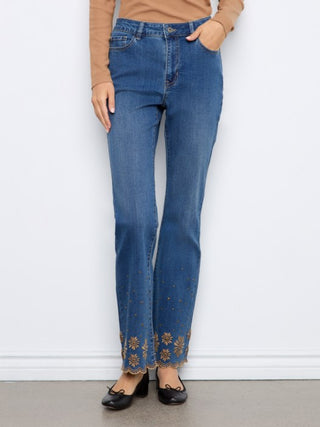 Charlie B Embroidered Flare Leg Jeans with Studded Scallop Hem Vintage Indigo
