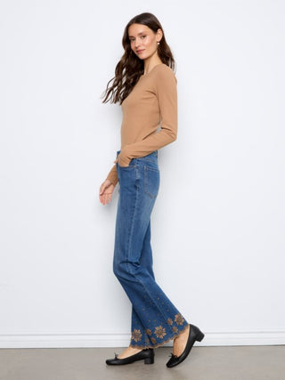 Charlie B Embroidered Flare Leg Jeans with Studded Scallop Hem Vintage Indigo
