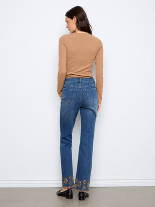 Charlie B Embroidered Flare Leg Jeans with Studded Scallop Hem Vintage Indigo