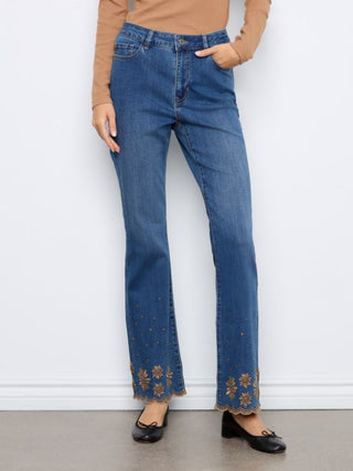 Charlie B Embroidered Flare Leg Jeans with Studded Scallop Hem Vintage Indigo