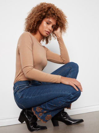 Charlie B Embroidered Flare Leg Jeans with Studded Scallop Hem Vintage Indigo