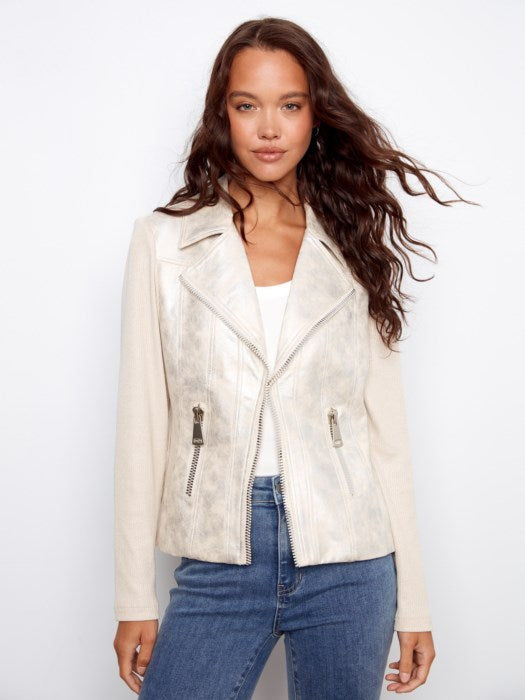 Charlie B Foiled Vintage Faux Leather and Rib Knit Jacket - Pearl