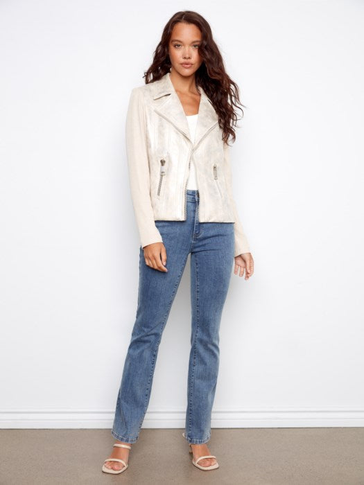 Charlie B Foiled Vintage Faux Leather and Rib Knit Jacket - Pearl