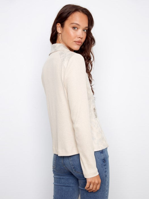 Charlie B Foiled Vintage Faux Leather and Rib Knit Jacket - Pearl
