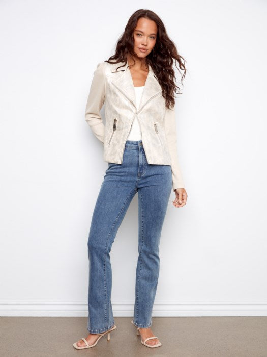 Charlie B Foiled Vintage Faux Leather and Rib Knit Jacket - Pearl