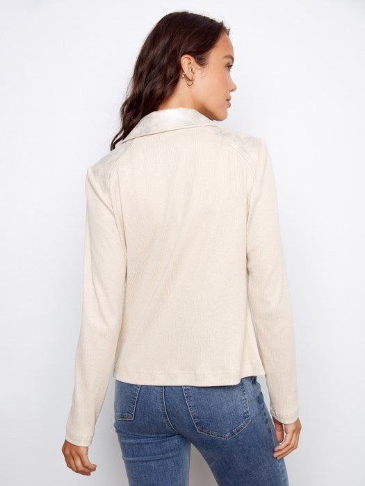 Charlie B Foiled Vintage Faux Leather and Rib Knit Jacket - Pearl