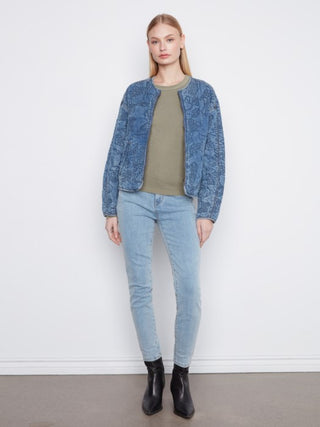 Charlie B Quilted Tencel Denim Bomber Jacket Blue