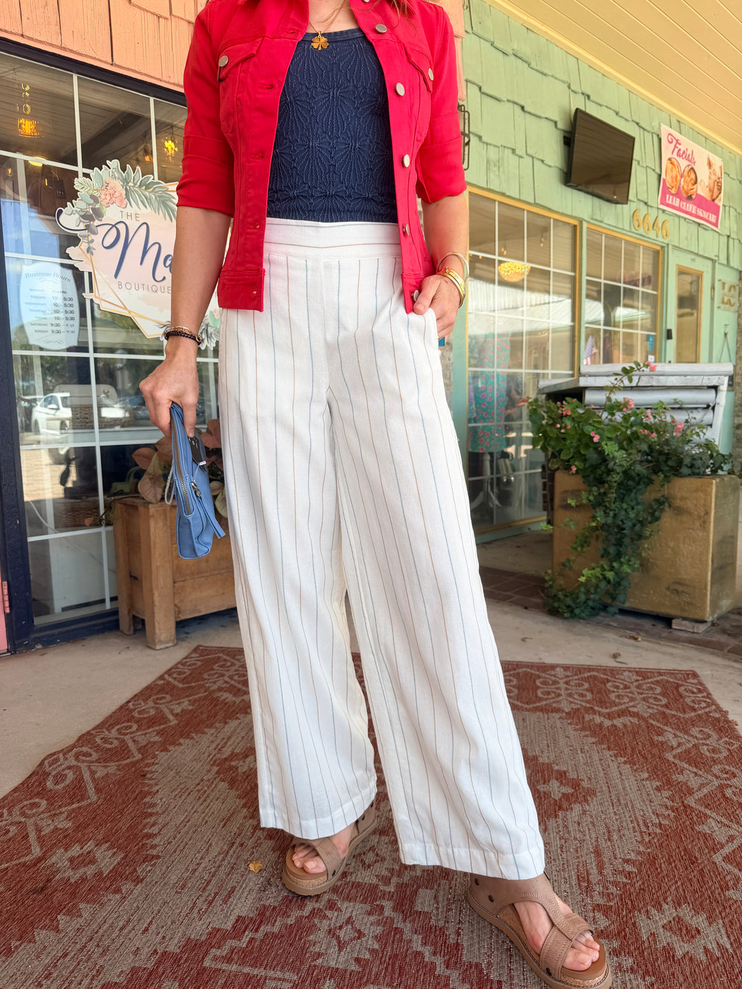 Liverpool Pull-on Wide Leg Pant Cream Blue Multi Stripe
