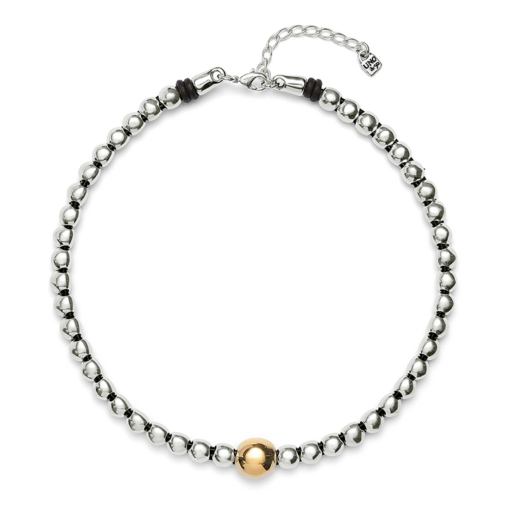 UNOde50 Beaded short necklace with larger central bead - Sterling Silver w/Gold