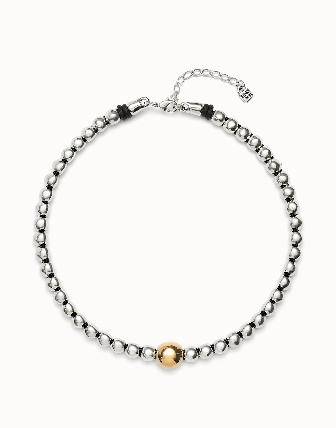 UNOde50 Beaded short necklace with larger central bead - Sterling Silver w/Gold