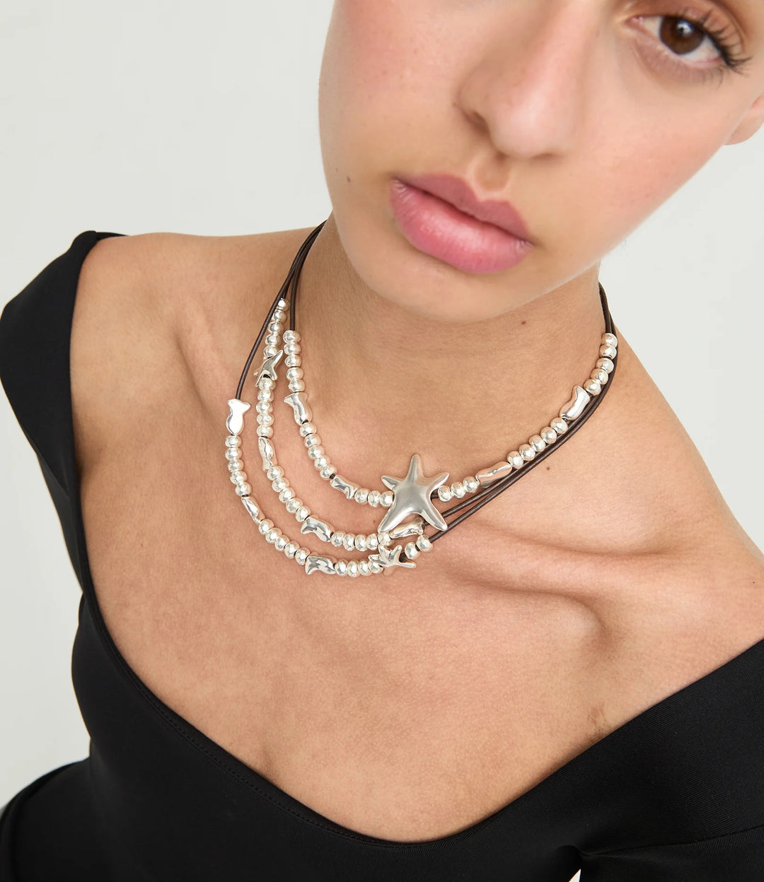 UNODe50 Necklace Orion Multi-strand leather necklace with starfish Silver
