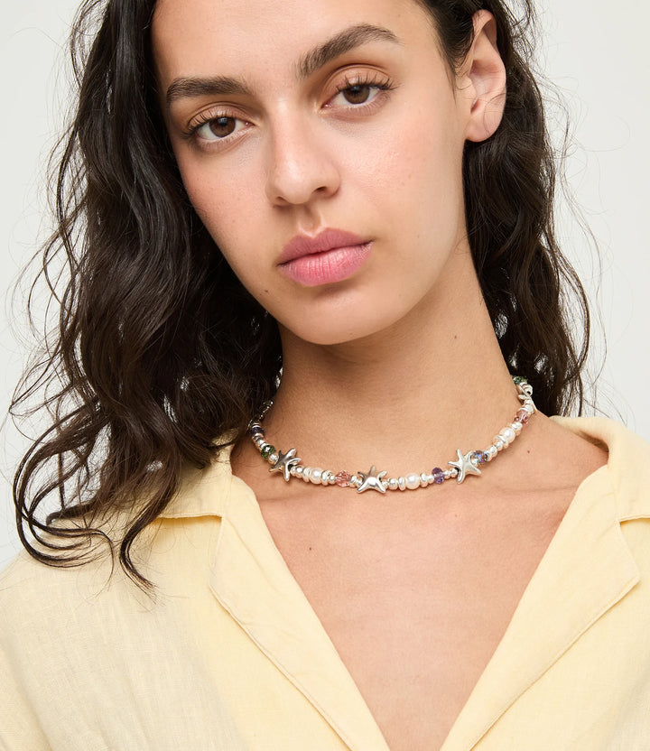 UNODe50 Necklace Espectro Short necklace with crystals and small starfishes Silver