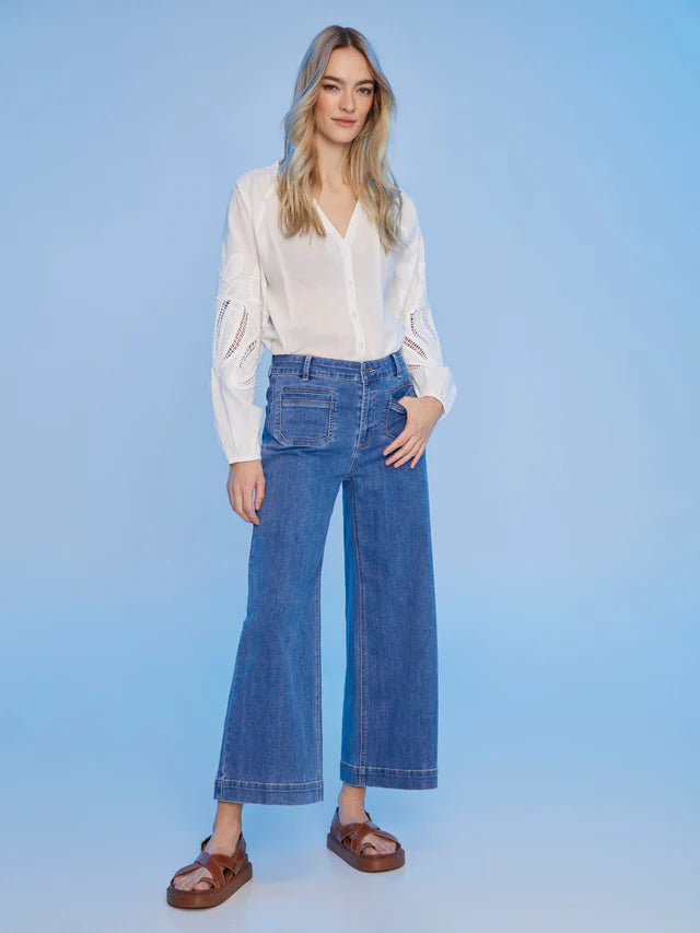 Charlie B Cotton Button-Front Blouse with Embroidery - White