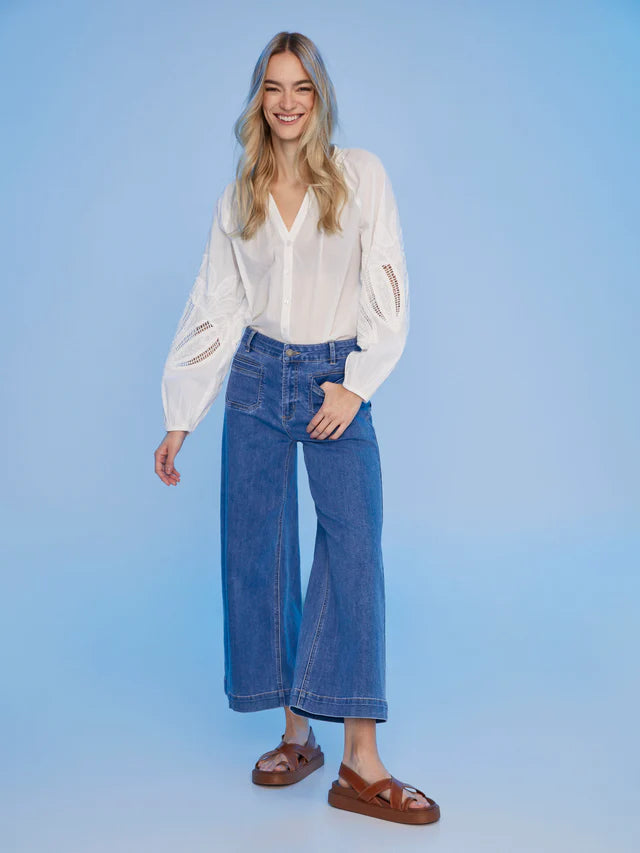 Charlie B Cotton Button-Front Blouse with Embroidery - White