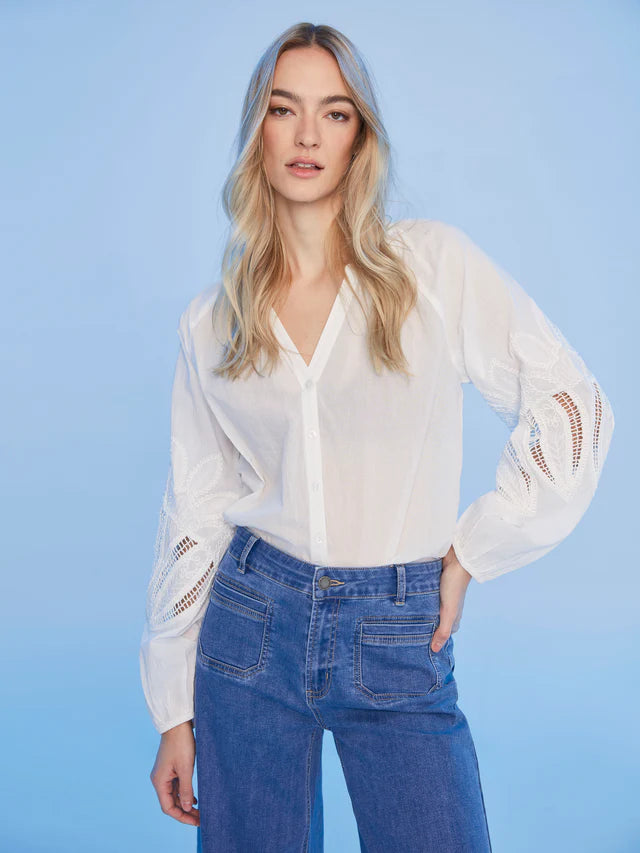 Charlie B Cotton Button-Front Blouse with Embroidery - White