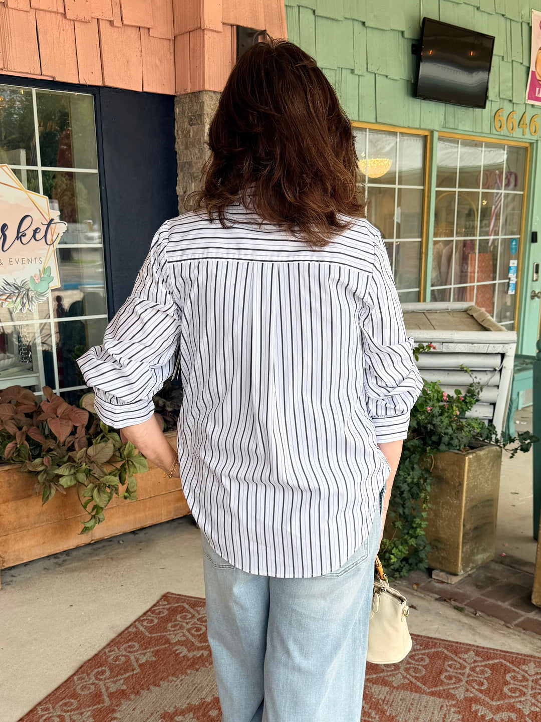 Liverpool Adjustable Sleeve Button Front Woven Top White w/ Navy Stripes