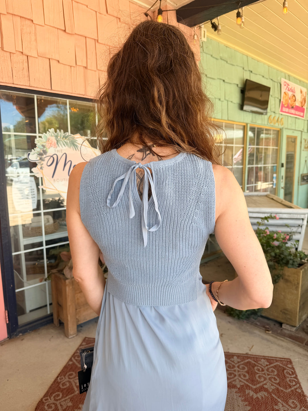 Liverpool Sleeveless Tie Back Sweater Woven Dress Malibu Blue