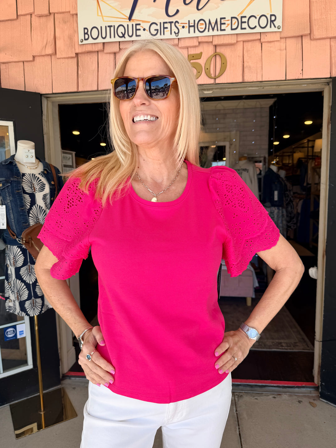 Liverpool Short Sleeve Knit to Woven Top With Embroidery - Diva Pink