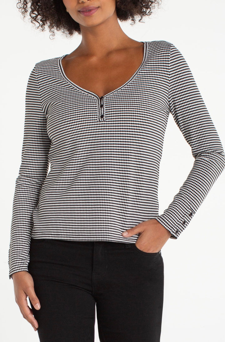 LIVERPOOL 3/4 Button Sleeve Knit Top - Blk Wht