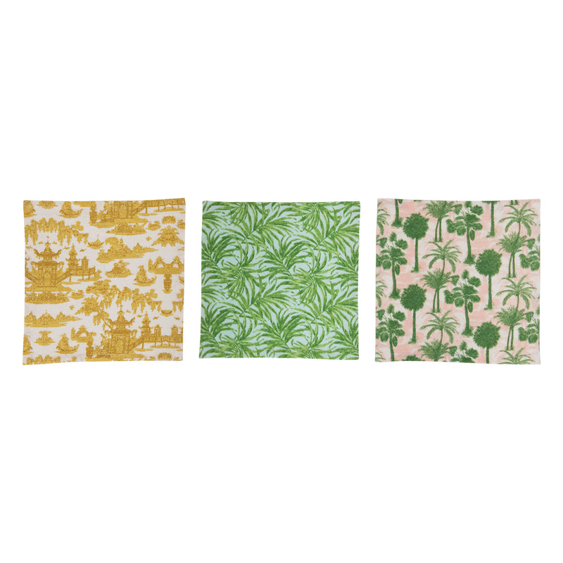 Cotton Printed Cocktail Napkins with Pattern, Set of 4, 3 Colors, 3 Styles