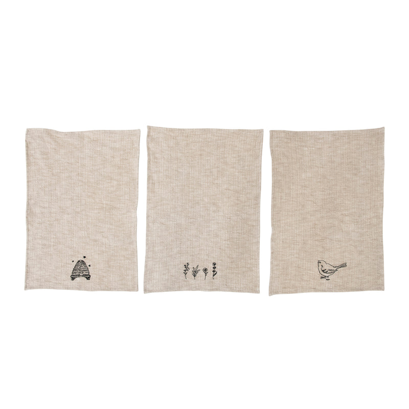 Linen and Cotton Slub Embroidered Tea Towel - 3 Styles