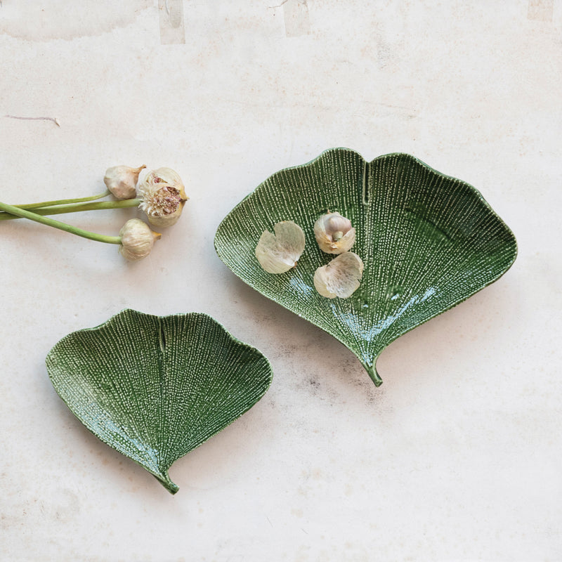 Debossed Stoneware Gingko Leaf Shaped Plates, Reactive Glaze,  - 2 Sizes (Each One Will Vary)