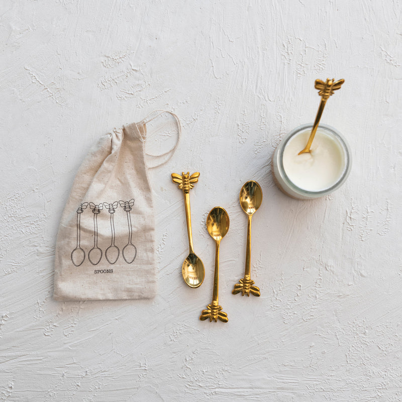 Brass Spoons w/ Bees, Set of 4 in Printed Drawstring Bag