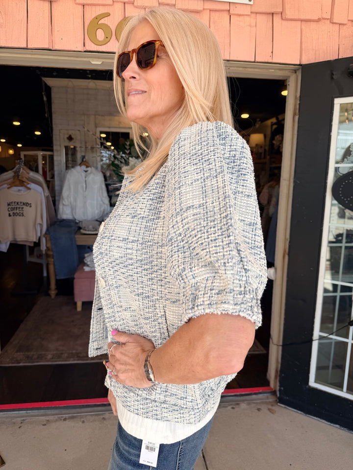 Liverpool Short Puff Sleeve Cropped Jacket - Cream Blue Plaid