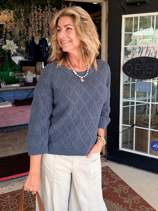 XCVI Halima Cotton Open-Knit Pullover Bluestone
