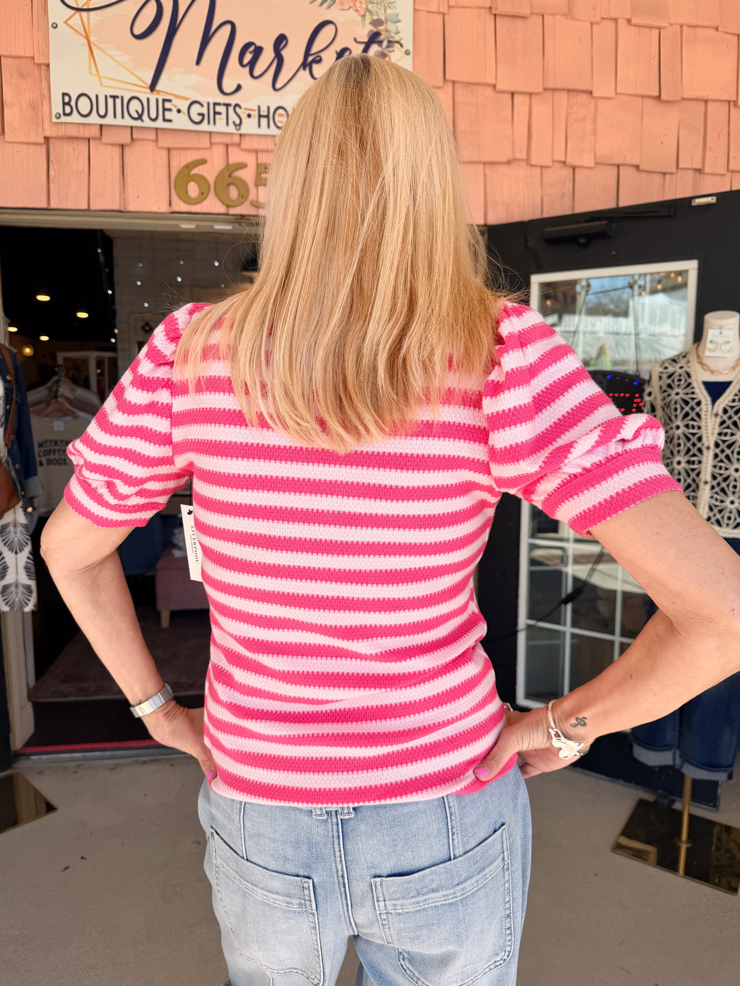 Liverpool Half Sleeve Scoop Neck Knit Top - Pink Multi Stripe