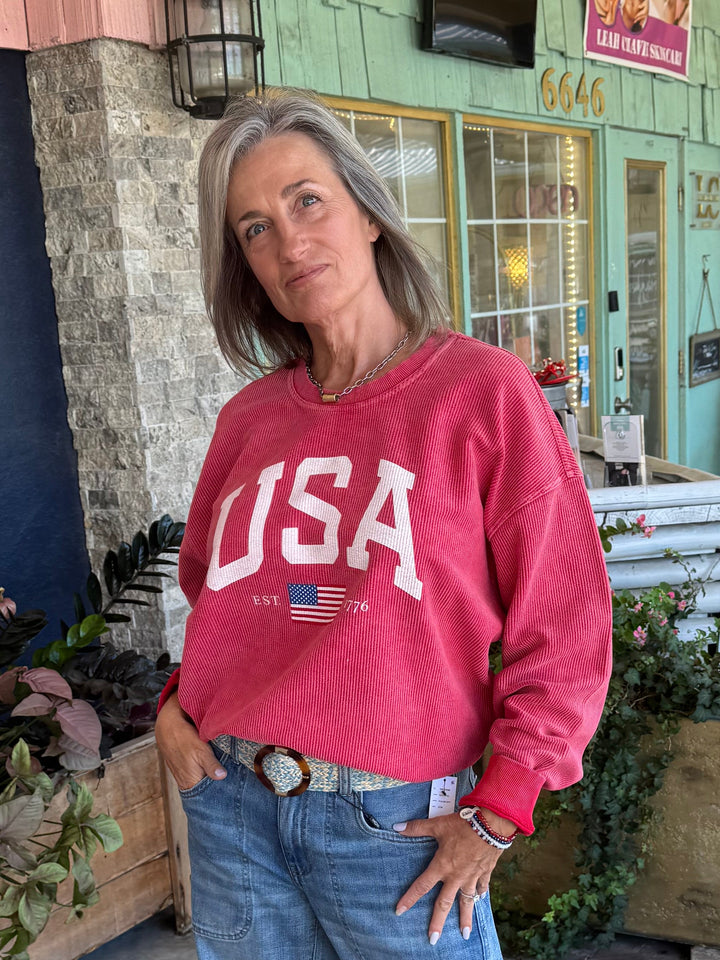 USA EST 1776  Cropped Thermal Vintage Pullover - Cranberry