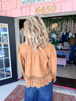 Liverpool Puff Sleeve Jacket with Laser Cut Hem - Caramel