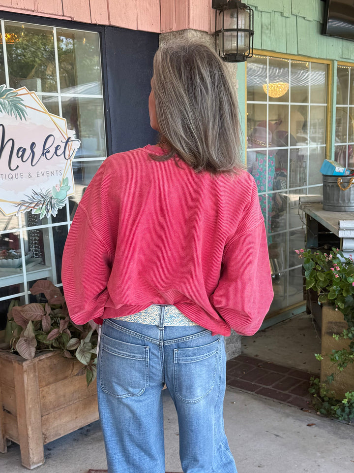 USA EST 1776  Cropped Thermal Vintage Pullover - Cranberry