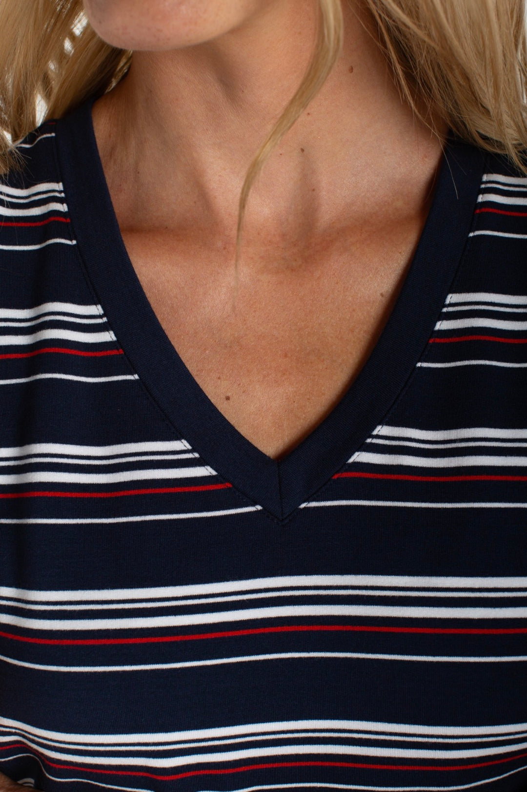 Liverpool Short Sleeve Crew Neck Classic Knit Tee - Dark Navy White Fire Brick Stripe