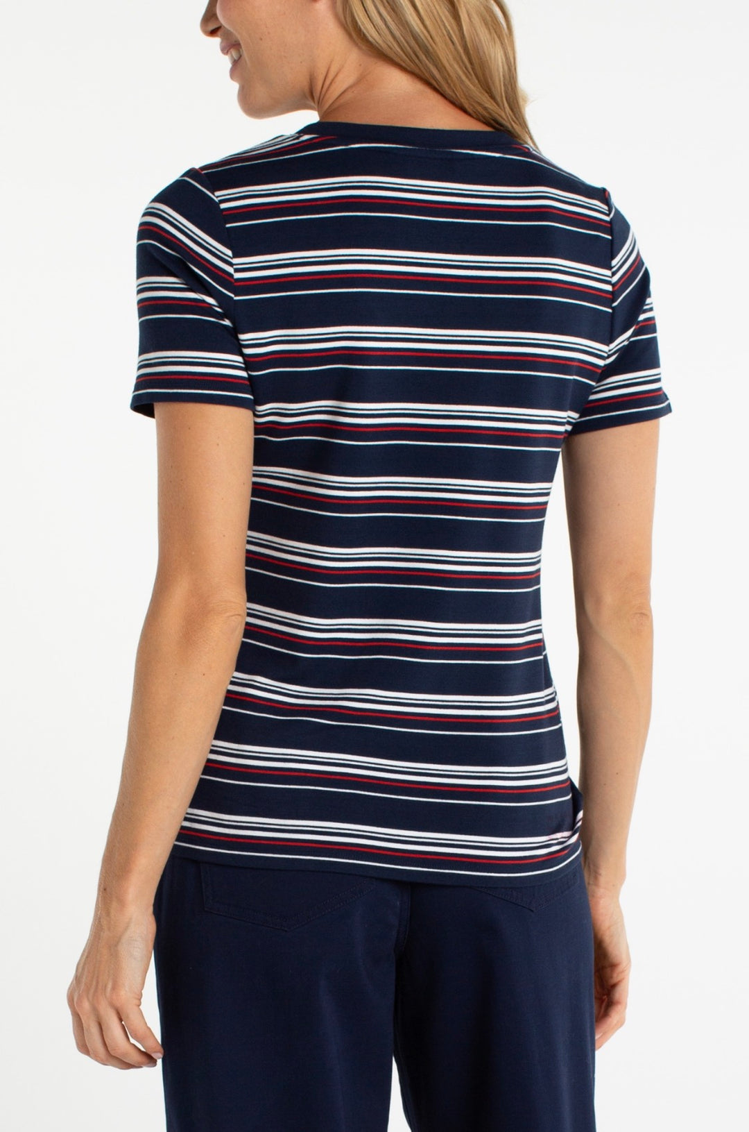 Liverpool Short Sleeve Crew Neck Classic Knit Tee - Dark Navy White Fire Brick Stripe