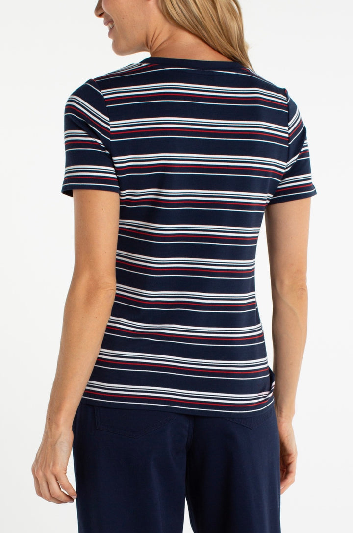 Liverpool Short Sleeve Crew Neck Classic Knit Tee - Dark Navy White Fire Brick Stripe